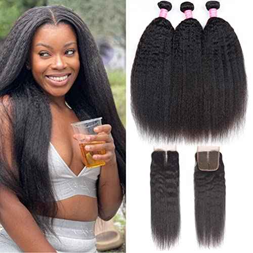 Kinky Straight Bundles with Closure 10A Yaki Straight Human Hair 3 Bundles with 4x4 Lace Closure Unprocessed Brazilian Virgin Human Hair Weave Extensions Natural Color (16 18 20+14 closure)