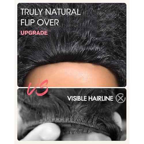 Kinky Curly Half Wig Human Hair 210 Density 3 In 1 Seamless Flip Over Half Wigs Glueless Kinky Curly Wigs Human Hair Beginner Friendly 360 Degree Flexi-fit Drawstring Headband Wig for Women 18 Inch