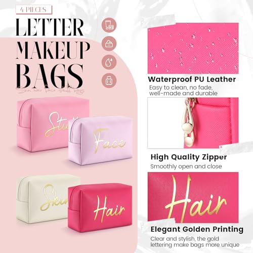 Aliceset 4 Pcs Preppy Makeup Bags Set Cute Makeup Pouchs Travel Cosmetic Bags Face Skin Hair Stuff Aesthetic Makeup Bags, PU Leather Waterproof Zipper Toiletry Pouch Gifts for Women Girl(Bright Pink)