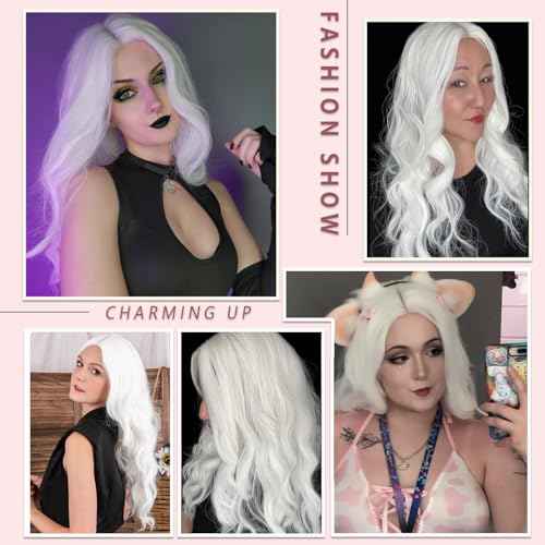 White Wig for Women, Long White Wavy Wig Middle Part 26 Inch Heat Resistant Synthetic Wigs for Daily Party Use