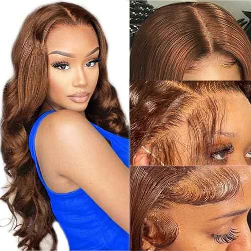 13x6 Lace Front Wigs Human Hair, 28¡± HD Transparent Lace Frontal Wigs Pre Plucked with Baby Hair Brown Highlights 150% Density 13x6 Lace Frontal Wig Glueless Human Hair Wigs for Women Natural Hairline
