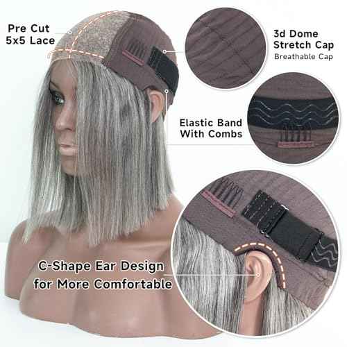 Salt and Pepper Wigs for Women, Wigs Human Hair Glueless Wear and Go Pre Plucked Pre Cut 5x5 Grey Bob Wigs Human Hair 210% Density 12A Brazilian Virgin Hair Lace Front Closure Wig 12 Inch