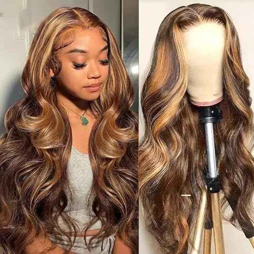 DOSAY Highlight Ombre 13x4 Hd Transparent Lace Front Human Hair Wig 24 Inch Brown Honey Blonde Body Wave Glueless Wigs 180% Density for Woman