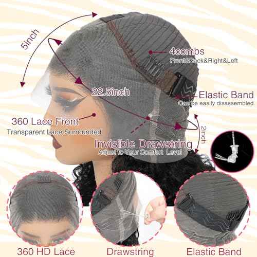 Hidden Strap 360 Lace Front Wigs Human Hair Deep Wave Wig with Drawstring Upgraded Full Lace Frontal Human Hair Wigs Pre Plucked 360 Deep Wave Lace Front Wigs For Black Women (18 Inch)