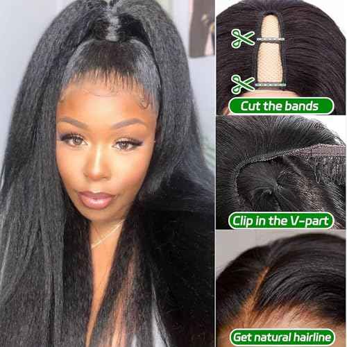 V Part Wig Human Hair Kinky Straight Wig Human Hair For Women Glueless Yaki Straight Half Wigs For Black Women Full Head Clips In No Leave Out Natural Color 150% Density 22 Inch