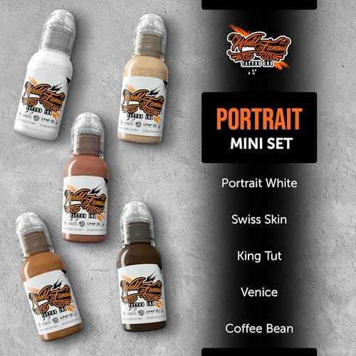 World Famous Portrait Mini Tattoo Ink Pigment Set of 5, Vegan, Professional Supplies, 1oz Bottles, Portrait White, Swiss Skin, King TUT, Venice, Coffee Bean