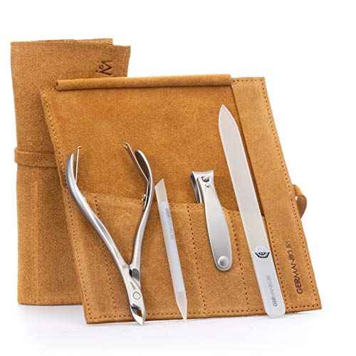 GERMANIKURE 4pc Manicure Set in Yellow Suede Case - FINOX Stainless Steel Tools Made in Germany, Glass Nail Care Supplies Made in Czech Republic ? Professional Cuticle and Nail Care Kit