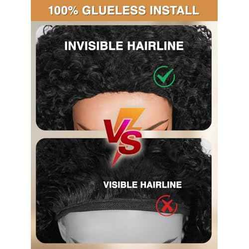 Kinky Curly Half Wig Human Hair 200% Density Wear Go Glueless Wigs Human Hair 3 In 1 Drawstring Seamless Flip Over Wig for Women Daily Wear Headband Wig Beginner Friendly Black (12inch)