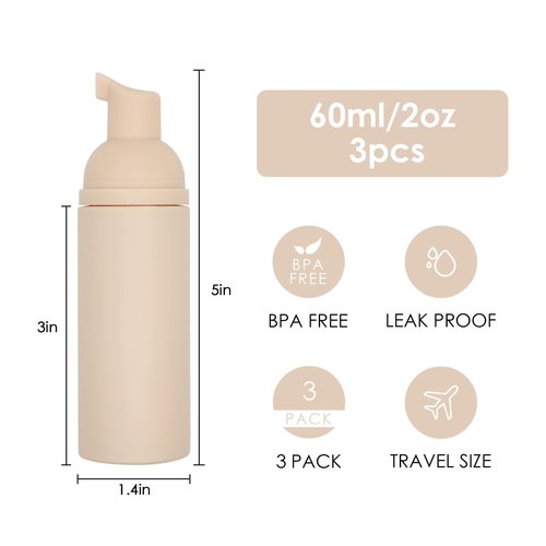 Beeutemaker Foam Pump Bottle (Nude), Empty Travel Size Foam Dispenser Pump for Soap Shampoo, Lash Cleanser(60ml/2oz, 3PCS)