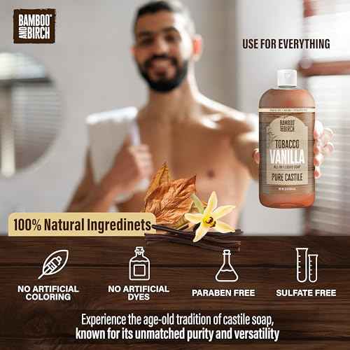 BAMBOO AND BIRCH Pure Castile Soap Liquid, Certified Palm Oil Free Natural Soap, Tobacco Vanilla, 32 oz