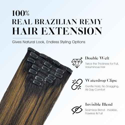 SIYUSI Clip in Hair Extensions Real Human Hair, 100% Brazilian Remy Human Hair Clip Ins, Invisible & Scalp-Friendly, Natural Black Mixed Chestnut Brown,7Pcs 4.23oz, 18 Inch