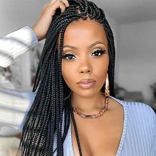 Box Braided Wigs For Women 36"" Full Double Lace Braided Wig With Baby Hair Large Square Knotless Long Braided Wigs Synthetic Handmade Full Lace Braided Wig, Black