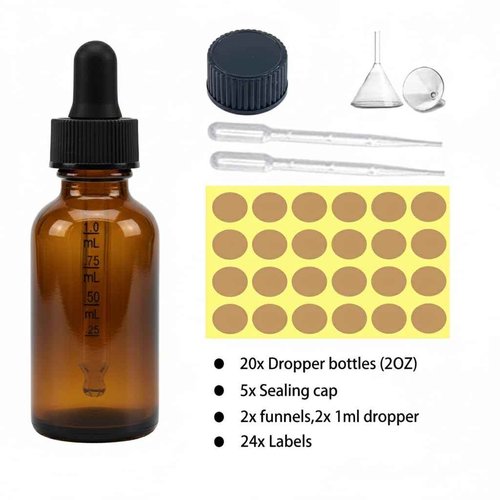 Parfumlism Dropper Bottles 2 oz Amber Glass with Scale – 20 Pack Graduated Bottles for Essential Oils, Tinctures, DIY Skincare, UV Protection