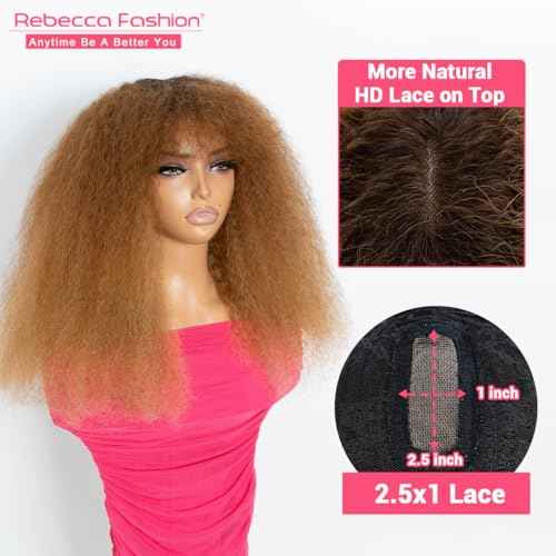 Rebecca Fashion Afro Kinky Curly Wig with Bangs Human Hair Minimalist 2.5x1 Lace Scalp Wig for Women Glueless Wear and Go Wigs Ombre Dark Brown to Honey Blonde Color