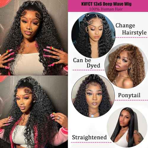 13x6 HD Lace Front Wigs Human Hair Deep Wave Wig for Women 200% Density Transparent Curly Lace Front Wigs 24 Inch Deep Wave Frontal Wigs Pre Plucked Wet and Wave Lace Front Wigs with Baby Hair
