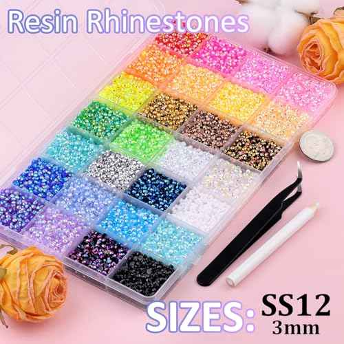 34000Pcs Resin Rhinestones with Tweezers for Crafting, Mixed-Color 3mm Bedazzling Crystal with 1Pcs 10ml B7000 Jewelry Glue for DIY Crafts Clothing Tumblers Shoes Fabric Nail Art