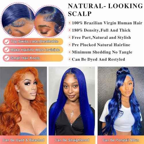 Blue Lace Front Wigs Human Hair Body Wave 13X4 HD Dark Blue Lace Front Wig Human Hair Wear and Go Glueless Navy Blue Wig Human Hair Pre plucked with Baby Hair Royal Blue Frontal Wigs For Black Women