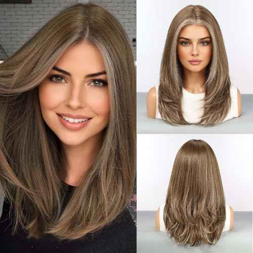 HAIRCUBE Human Hair Wig Lace Front Wig Glueless Wigs Layered Shoulder-Length HairWigs for Women, Ash Brown with White Bangs, Human Hair Blend, 13"¡¿5"¡¿1" HD Lace, 18 Inch Daily Use