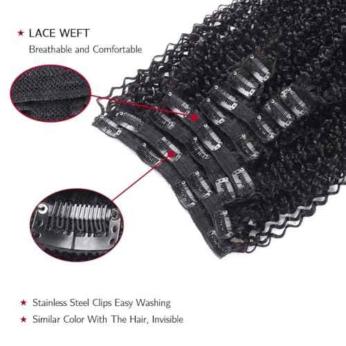 16 Inch Kinky Curly Clip ins Human Hair 110g 8pcs 20 Clips 3C 4A Curly Clip In Hair Extensions Real Human Hair Brazilian Virgin Hair Full Head for Women Natural Black
