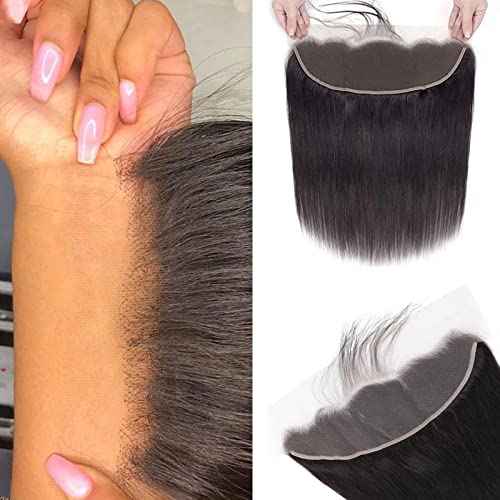 13X4 Ear To Ear Lace Frontal Closure Straight Frontal HD Lace Human Hair 100% Brazilian Virgin Hair 150 Density HD Transparent Lace Natural Black Pre-Pulled Baby Hair (16 Inch)