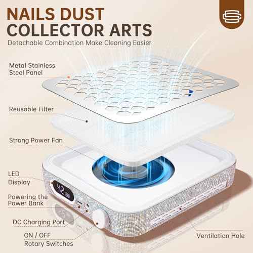 Nail Dust Collector, Rechargeable Dust Collector Nail Tech, Powerful Vacuum Fan Vent Dust Collector Extractor Dust Suction Machine for Acrylic Nails Polishing, Nail Salon&Home, White