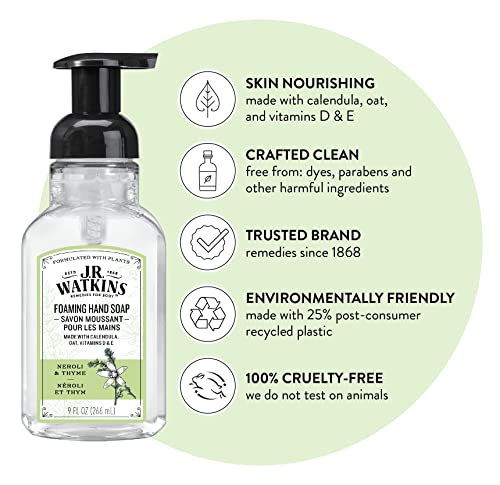 J.R. Watkins Foaming Hand Soap Pump with Dispenser, Moisturizing All Natural Hand Soap Foam, Alcohol-Free, Cruelty-Free, USA Made, Use as Kitchen or Bathroom Soap, Neroli & Thyme, 9 fl oz, 6 Pack