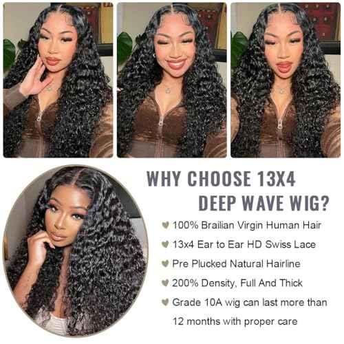 Deep Wave Wig Human Hair 13x4 Lace Front Wigs Human Hair 20 Inch Human Hair Deep Wave Wig Brazilian Curly Human Hair Wig 200 Density