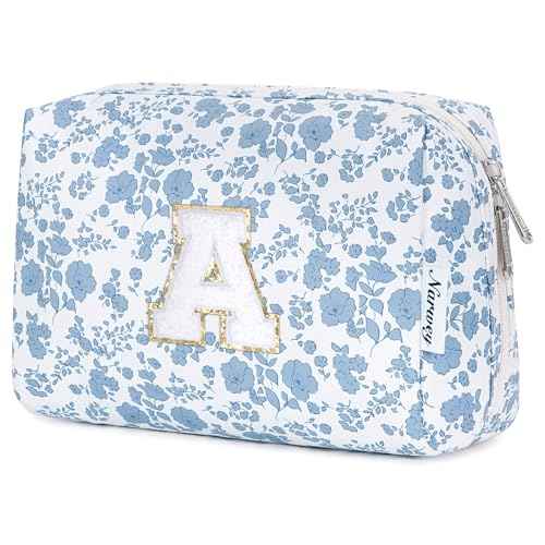 Narwey Christmas Gifts for Teen Girls Kids Women Personalized Initial Floral Makeup Bag Cute Cosmetic Trendy Stuff 6 8 10 11 12 13 14 16 18 Years Old Travel Toiletry Bag (Little Blue Flower A)