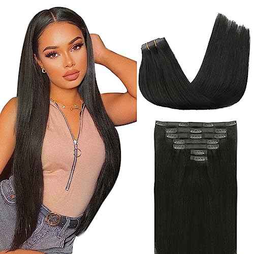 Lashey Seamless Clip in Hair Extensions Real Human Hair Extensions Straight 12 Inch 7pcs 80g Natural Black Soft Silky Clip in Hair Extensions with 100% Real Human Hair