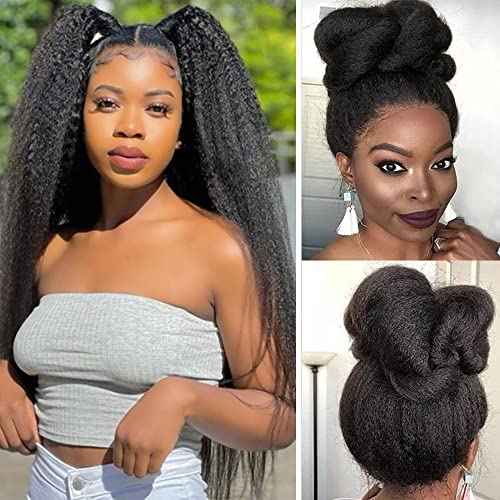 Kinky Straight Human Hair Wig 360 Lace Front Wigs Human Hair 180% Density Yaki Straight Human Hair Wig 18Inch 360 Lace Frontal Wigs Human Hair for Women Natural Color
