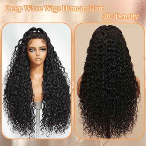 13x6 Deep Wave Lace Front Wigs Human Hair 200 Density 24 Inch Curly Wig 13x6 HD Lace Front Wigs Human Hair Glueless Wigs Human Hair Pre Plucked for Black Women Natural Color
