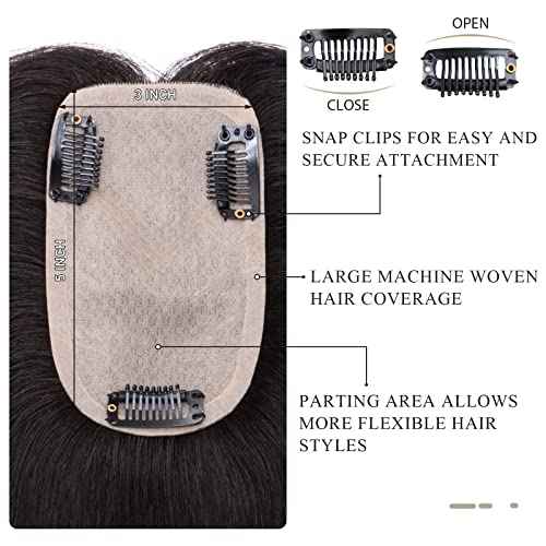 Hairro Human Hair Toppers for Women, Clip in Real Hairpieces, 130% Density 3"x5" Silk Base with Free Parting, for Covering Greyish Thinning Hair Loss/Adding Volume, 8 Inch Natural Black