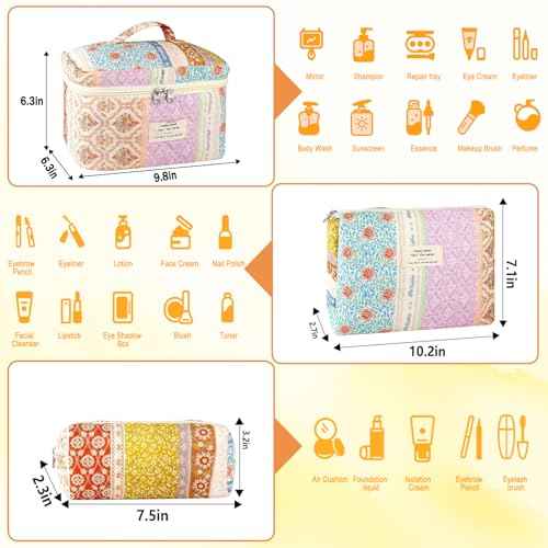 3Pc Cotton Quilted Makeup Bags for Women Large Small Coquette Floral Travel Cosmetic Bag Set Aesthetic Cute Flower Makeup Pouch Portable Toiletry Bag Puffy Essential Storage Organizer Bag