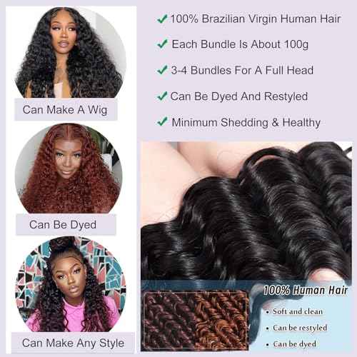 Deep Wave Human Hair Bundles, 20 Inch 13A Deep Wave Bundles Human Hair, Wet and Wavy 100% Brazilian Virgin Quick Weave Curly Single Bundle for Women, Natural Black Color
