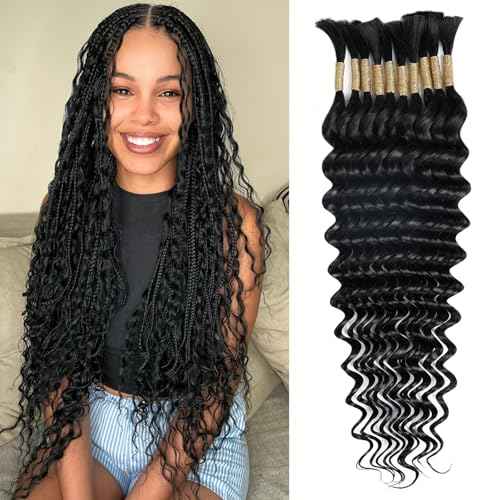 Human Braiding Hair for Boho Braids 75g 24 Inch Deep Water Wave Bulk Human Hair for Braiding No Weft 12A Boho Curly Human Hair for Braiding 10 Bundles/Pack Natural Color