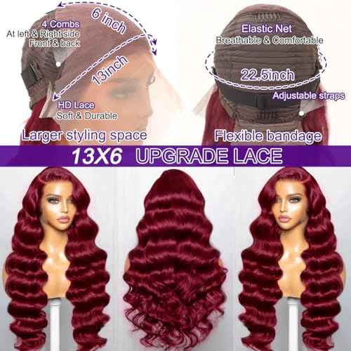99J Burgundy Lace Front Wigs Human Hair Body Wave 13x6 HD Transparent Lace Front Wigs Human Hair Pre Plucked with Baby 99j Red Wine Glueless Human Hair Wigs for Women 26 Inch