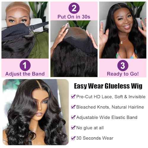 Body Wave Glueless Wig Human Hair 28 Inch Pre Plucked Pre Cut Glueless Lace Front Wig Ready to Wear 6x4 Body Wave Closure Wig 180% Density Human Hair Bleached Knots Natural Black