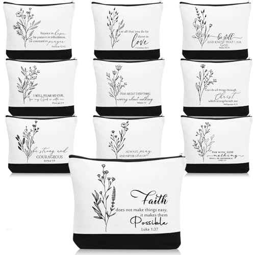 10 Pcs Christian Gifts for Women Bulk Religious Cosmetic Bags Inspirational Bible Verse Pencil Pouch Canvas Makeup Bags for Christmas Goodie Bag Church Favors