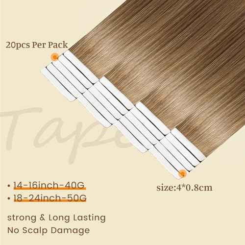 DNE Tape in Hair Extensions Real Human Hair 16inches 20Pcs/40g/Pack Seamless #M4/27Chocolate Brown to Honey Blonde Straight Invisible Double Sided Tape in Hair Extensions for Women/Girls