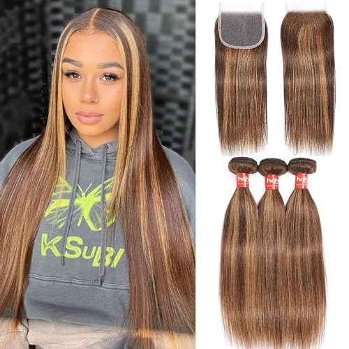 Haha Honey Blonde Highlight Human Hair Bundles With Closure Straight P4/27 Brown Blonde Ombre Bundles With Lace Closure 4x4 Brazilian Raw Human Hair Weave Sew In Extensions 14 16 18+12