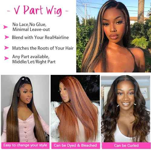 Highlight V Part Wigs Human Hair Straight Brazilian Virgin Human Hair Wigs Ombre Brown Upgrade U Part Wigs 180% Density Glueless Full Head Clip In Half Wigs 20inch #FB30