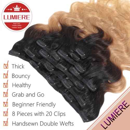 LUMIERE Human Hair Clip In Extensions, Ombre Blonde Body Wave Seamless Clip In Hair Extensions Real Human Hair 1B/4/27 Balayage Hair Extensions 120g 8pcs Per Set 24 Inch