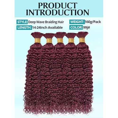 160g 5 Bundles/Pack Burgundy Human Braiding Hair for Boho Braids 20 Inch Curly Boho Hair for Braiding Knotless 12A Deep Wave Bulk Bohemian Color 99J