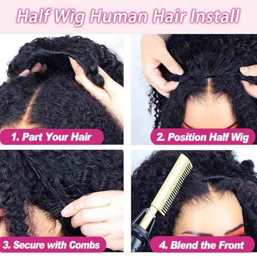 SENSAIRUITE Deep Wave Half Wig Human Hair Curly Half Wigs for Women - Upgrade Drawstring 3 in 1 Seamless Flip Over Glueless Wig 14-inch Natural Black