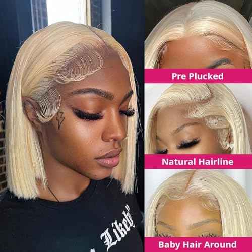 613 Lace Front Wigs Human Hair 200% Density 13x4 HD Lace Frontal Wig Pre Plucked With Baby Hair Glueless Short Straight Bob Wigs for Women (Blonde, 16 inch)