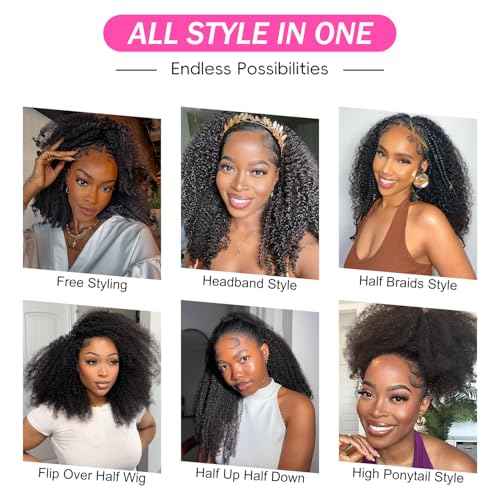 BGM GIRL Half Wig Human Hair Kinky Curly 3 in 1 Wigs Beginner Friendly Flip Over Drawstring Glueless Wig Kinky Curly Ready to Go Seamless Clip in Wigs Natural Black Color 18 Inch