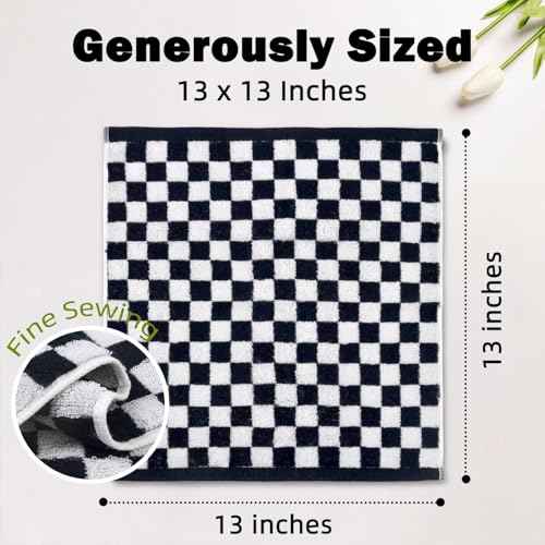Jacquotha Wash Cloths Checkered 4 Pack (Black and White) - Cotton Washcloths for Face Body, 13 x 13 Inches Daily Cleansing Kitchen Towels