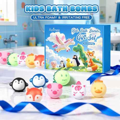 Aofmee Bath Bombs for Kids, 12 Pcs Bubble Bath Balls with 6 Animal Shapes and Fruity Aroma, Essential Oil Natural Organic Fizzy Spa Set for Boys Girls, Gift for Children Birthday Christmas