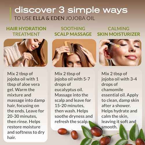 Ella & Eden Organic Jojoba Oil ? USDA Certified, Cold-Pressed, 100% Pure & Unrefined, Hexane-Free Oil for Skin, Face, Hair & Nails ? 4 Fl Oz Glass Bottle