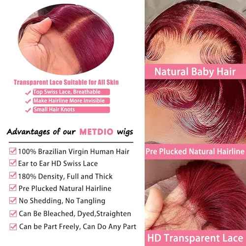 99J Burgundy wig human hair 13x4 body wave lace front wigs human hair 180 Density Pre Plucked Glueless Wine red colored lace front wig for Women 30inch
